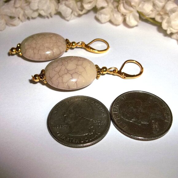 Tan Statement Earrings Gold Dangle Drop Beaded Jewelry Gift Set Woman Oval C763 - Picture 5 of 6